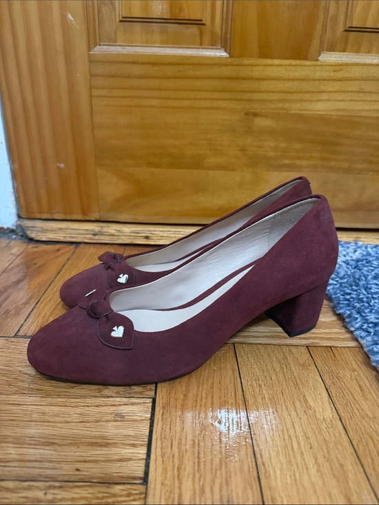 kate spade Shoes - kate spade Burgundy Suede Block Heel Pumps with Heart Bow